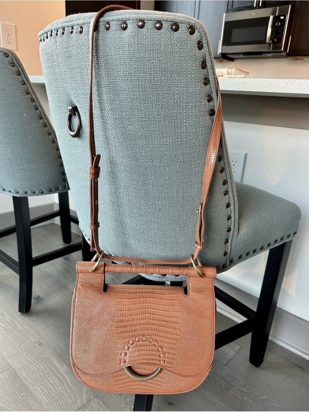 SANCIA Babylon Fob in Almond Lizard Crossbody Satchel Bag